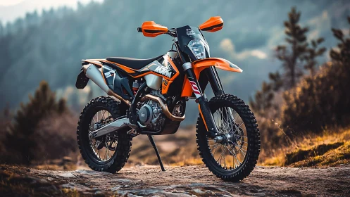 Orange dual-sport motorcycle on rocky outdoor trail.