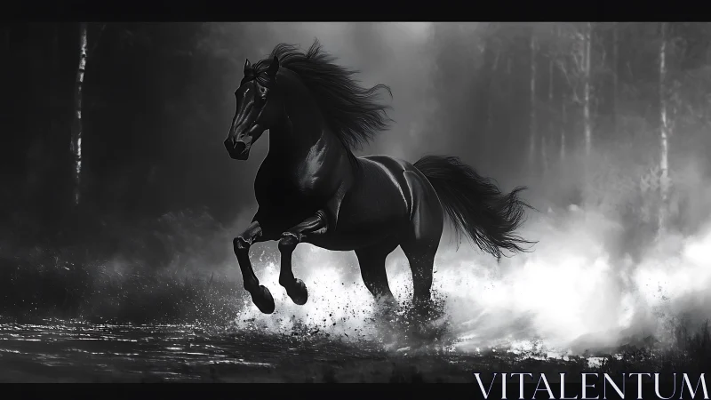Black horse runs through shallow water in misty forest