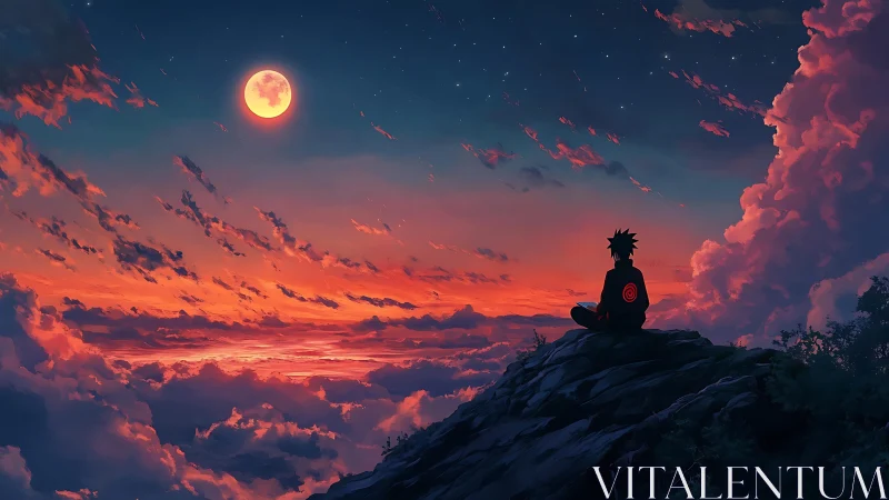 Anime lone figure watching crimson sunset moonrise sky.