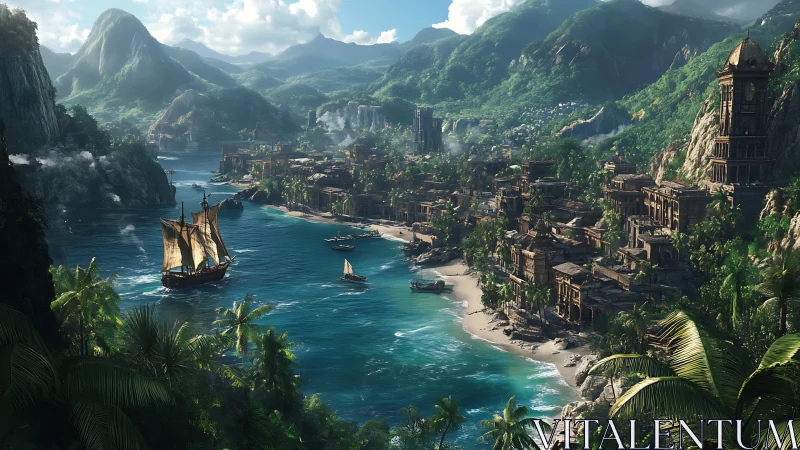 Coastal mountain settlement with harbor surrounded by steep topography.