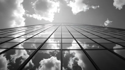 Sky-climbing glass tower mirroring wandering clouds.