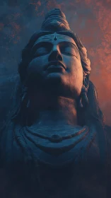 Statue of a meditative figure rendered in low key lighting