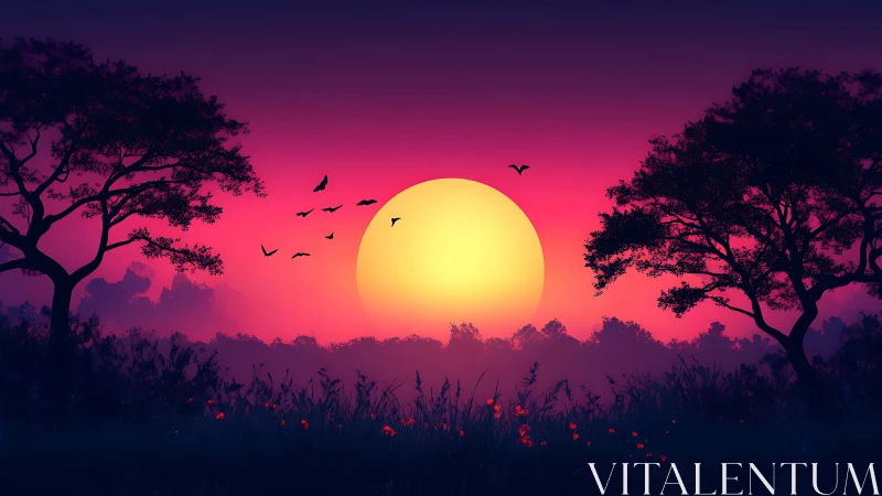 Silhouetted trees and birds against vivid sunset horizon.