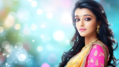Digital portrait of elegant woman in vibrant sari bokeh.