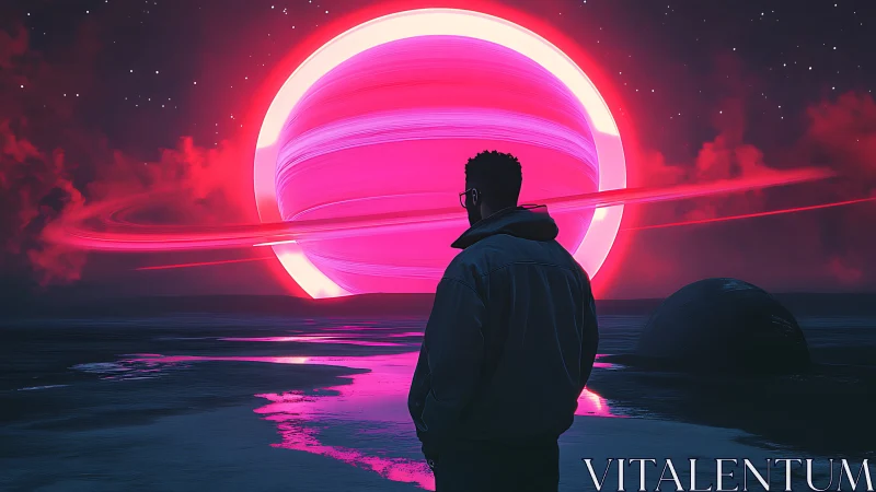 Solitary figure observes luminous ringed planet at shoreline