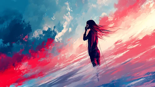 Headphoned dreamer strolls through a tidal sky of music