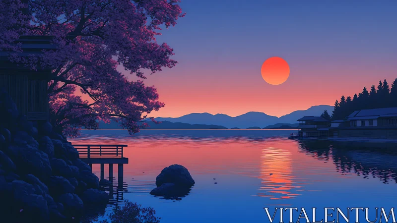 Crimson moonrise over sakura pier and glassy twilight lake.