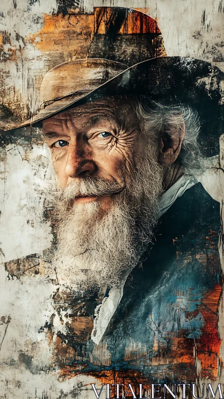 Weathered cowboy portrait in textured abstract layers.