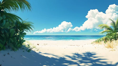 Tropical Beach Scene with Palm Trees and Ocean