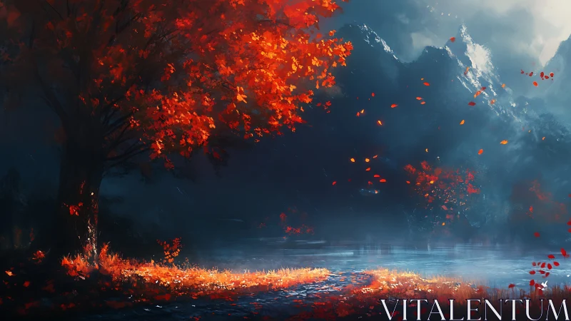 Autumn maple tree by misty alpine lake under stormy sky