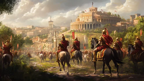 Roman cavalry procession entering grand classical cityscape.