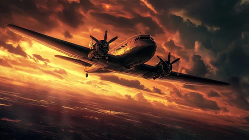 Vintage propeller airliner cuts through blazing sunset sky.