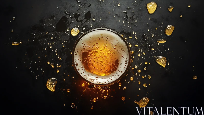 Top-down view of beer glass with scattered droplets.