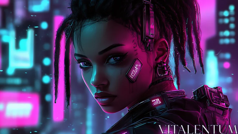 Cyberpunk woman with neon implants in futuristic cityscape.