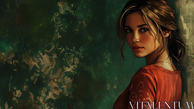 Digital portrait of a woman against textured abstract green wall