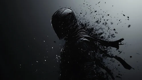 Fragmenting cyberpunk silhouette in dynamic dissolving profile.