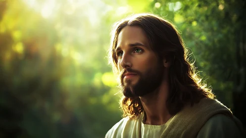 Gentle bearded figure bathed in soft, golden forest light.