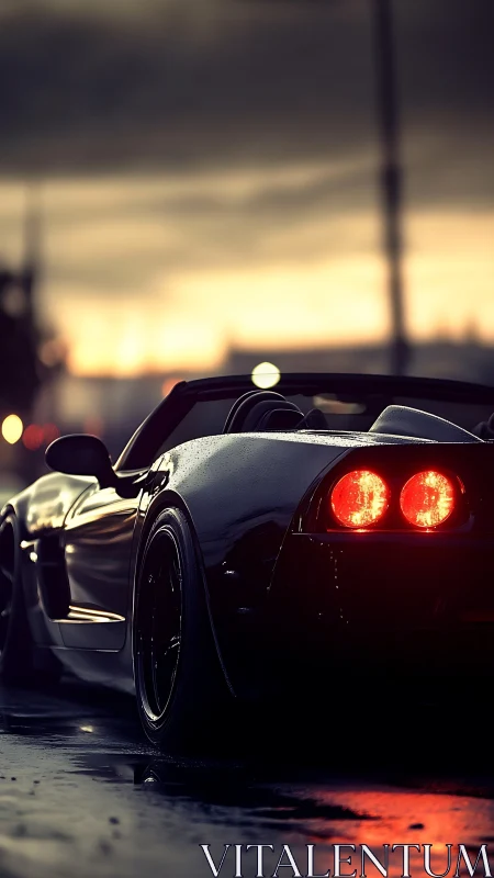 Low-angle rear view sports convertible on wet city street at dusk.