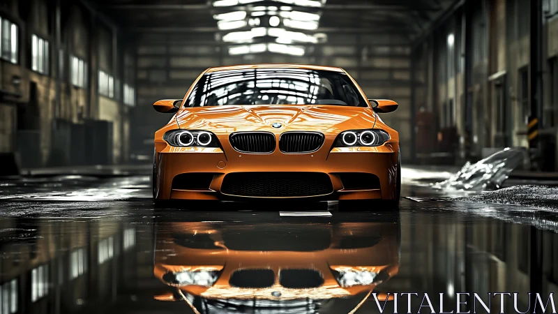 Orange BMW sports coupe reflects on wet warehouse floor