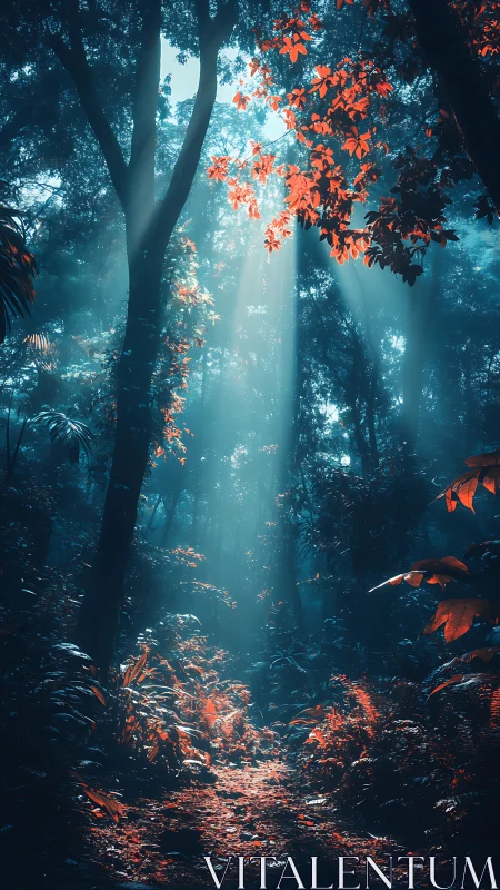 Forest Interior with Crepuscular Light and Seasonal Foliage.
