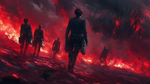 Squad enters burning wasteland under bloodred storm sky.