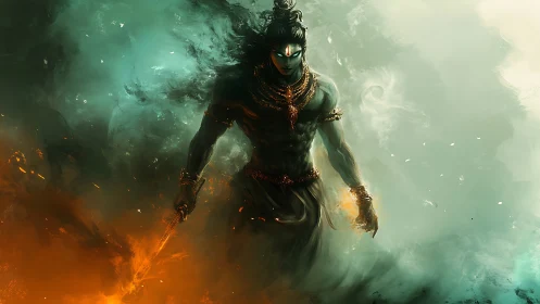 Mythic warrior in smoke, fire, and teal mist stands poised.