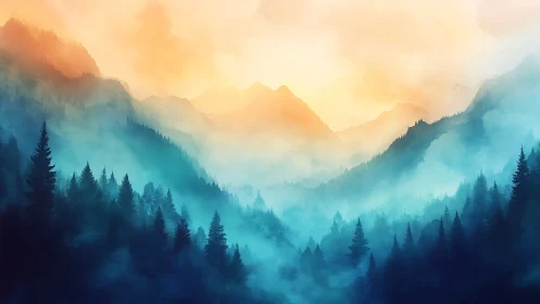 Atmospheric alpine valley renders luminous sunrise gradients