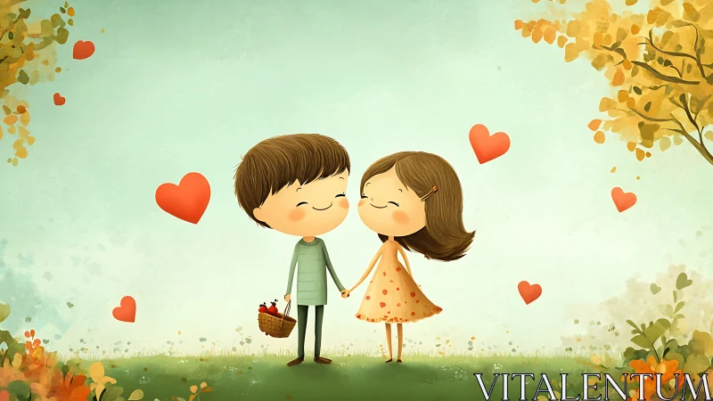 Digital Illustration: Young Couple in Autumn Garden with Floating Hearts.