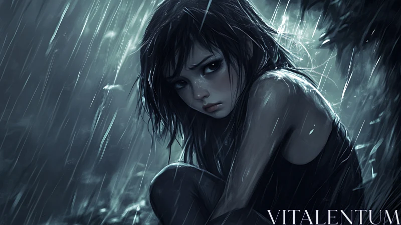 Solitary anime girl curls beneath relentless midnight rain