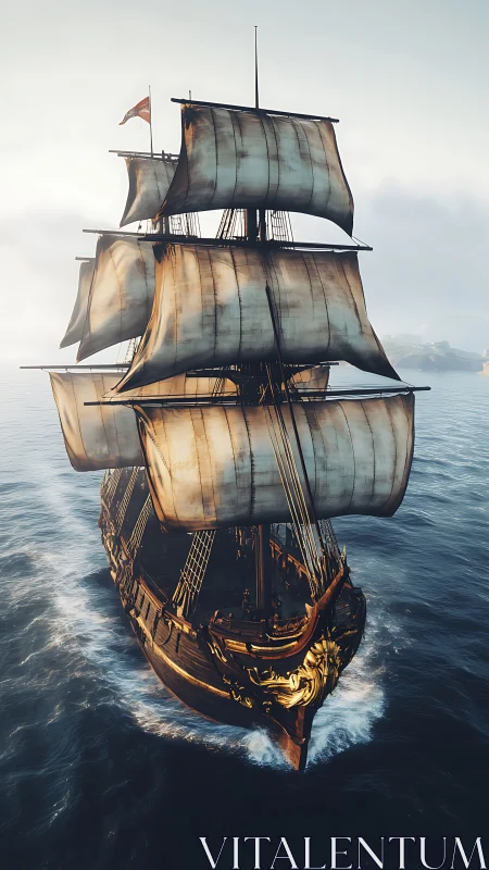 Golden-galley full-rigged ship carves dawn-lit ocean path.