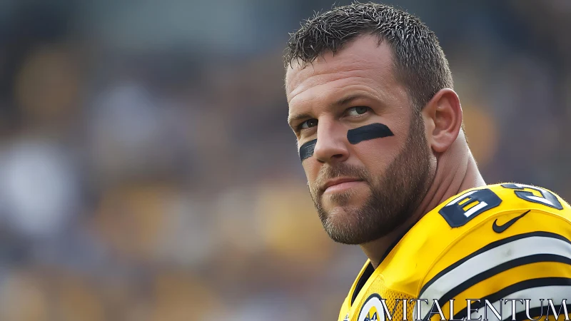 Focused football player sharing an intense game day moment.