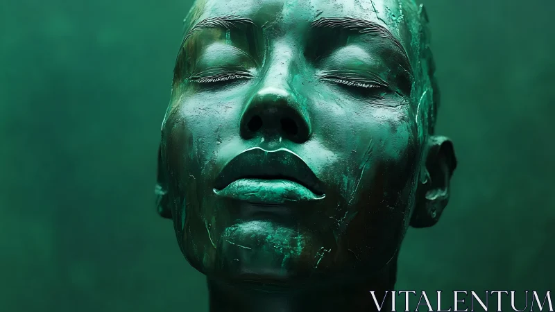 Serene emerald face in quiet, meditative close-up glow.
