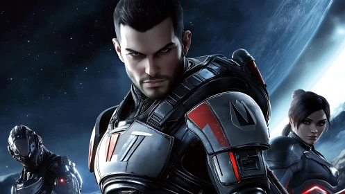 Armored space soldiers stand before a distant planet