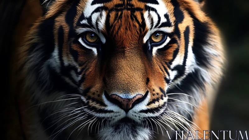 Tiger frontal close-up with detailed facial markings profile.