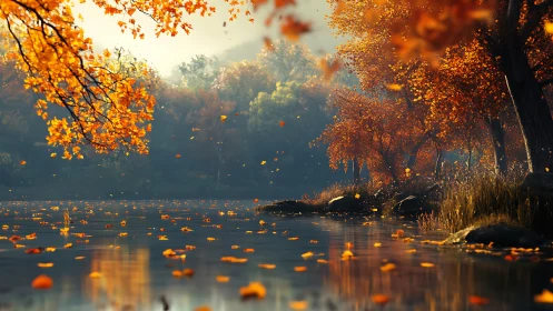 Autumn foliage over calm reflective lake with drifting leaves.