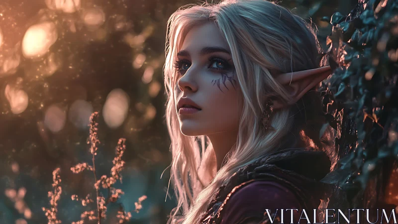 Elf maiden gazes into glowing forest light with quiet wonder
