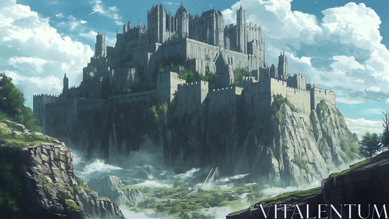 Fortified stone castle complex rises above misty cliffs