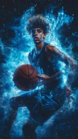 Electric blue energy surrounds dynamic basketball player.