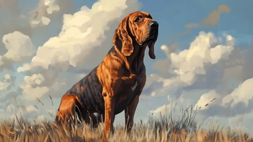 Bloodhound study under volumetric cloudscape with warm rim lighting