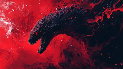 Ferocious black dragon head bursts through red chaos.