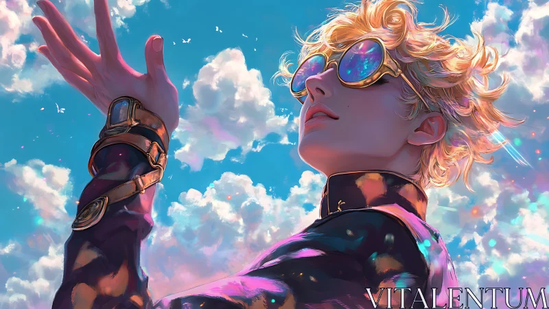 Dreamy blond wanderer lifts a glowing hand toward bright skies