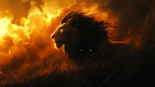 Lion profile in tall grass against dense glowing clouds.