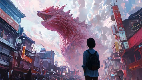 Concept art street scene with colossal dragon confrontation.