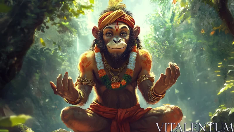 Meditating monkey sage bathed in luminous jungle light.