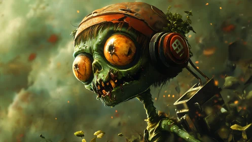 Cartoon zombie soldier with headset in toxic green haze.