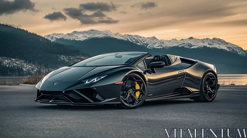 Black convertible sports car on mountain lakeside road.