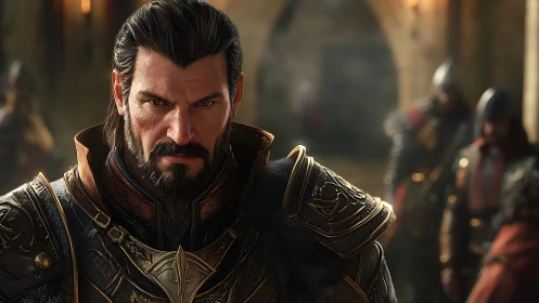 Armored warlord in shallow-depth medieval hall portrait.