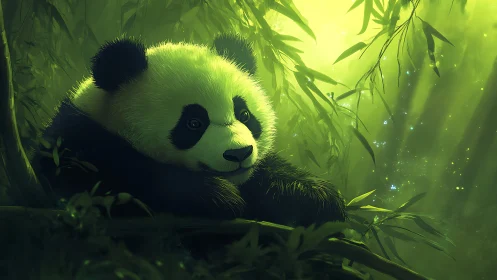 Bioluminescent forest panda in luminous green bamboo canopy