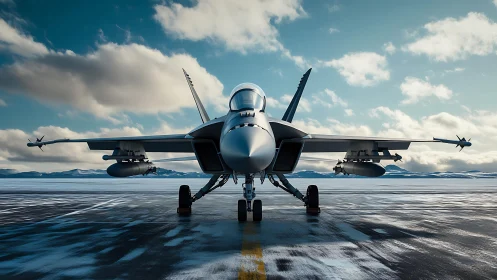 Modern fighter jet on icy runway under cold blue sky.