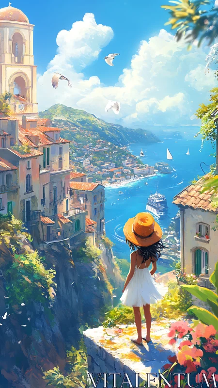 Sunhat girl greeting a cliffside Mediterranean dreamscape.